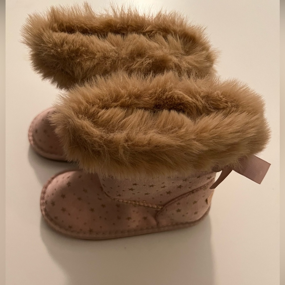 Size 10 girls kids pink silver star print fur trimmed lined bow back boots